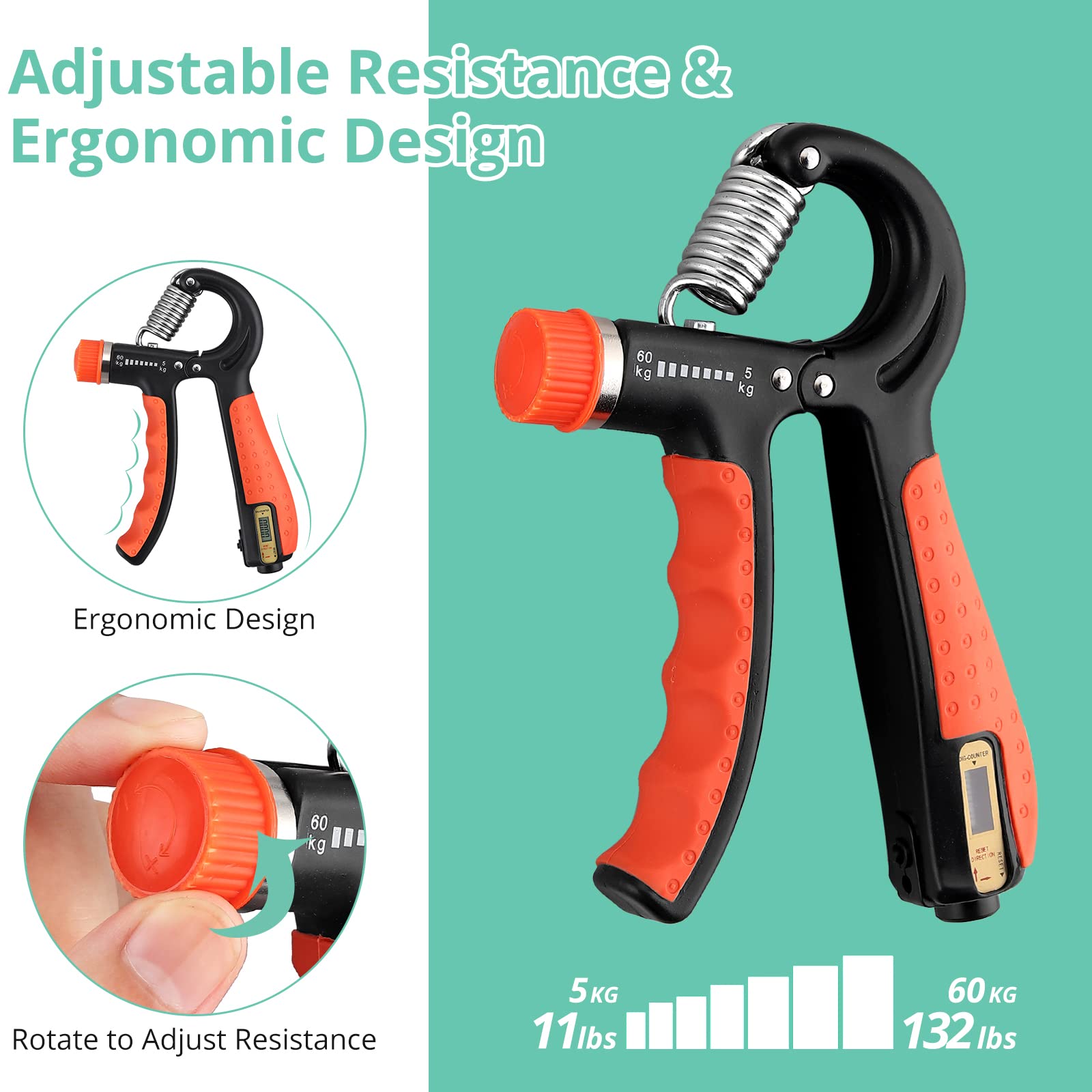 Amazon | VINTEAM 電子ハンドグリップ強化 4個 手首強化 5~60kg 調節